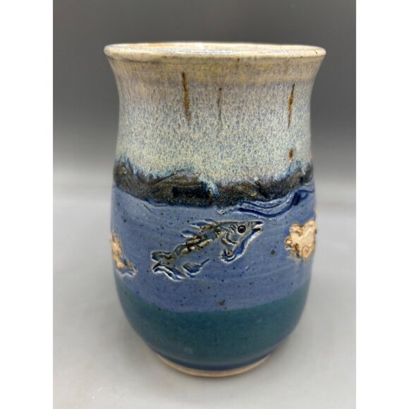 Handmade Artisan Ceramic Mug Fish‎ Ocean Blue Pottery - Picture 3 of 8